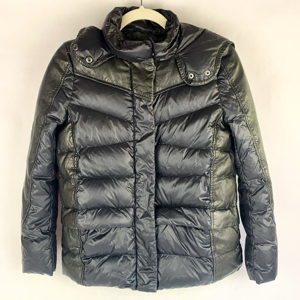 Womens Down Puffer Jacket Size Small Nylon Leather Hooded Black Chic Minimalist